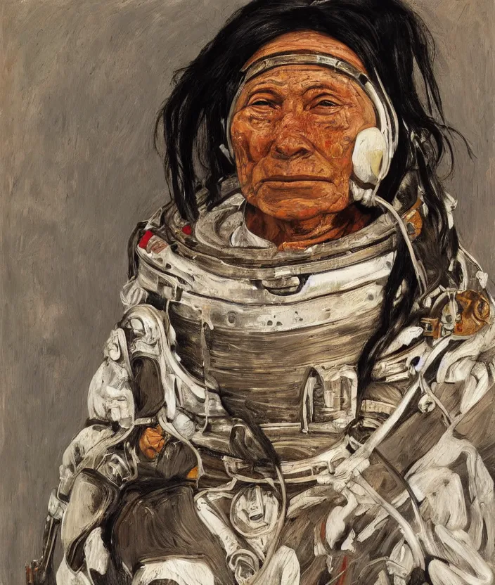 Image similar to indigenous woman with astronaut helmet, painted by lucian freud, hd, super detailed, realistic, muted colors