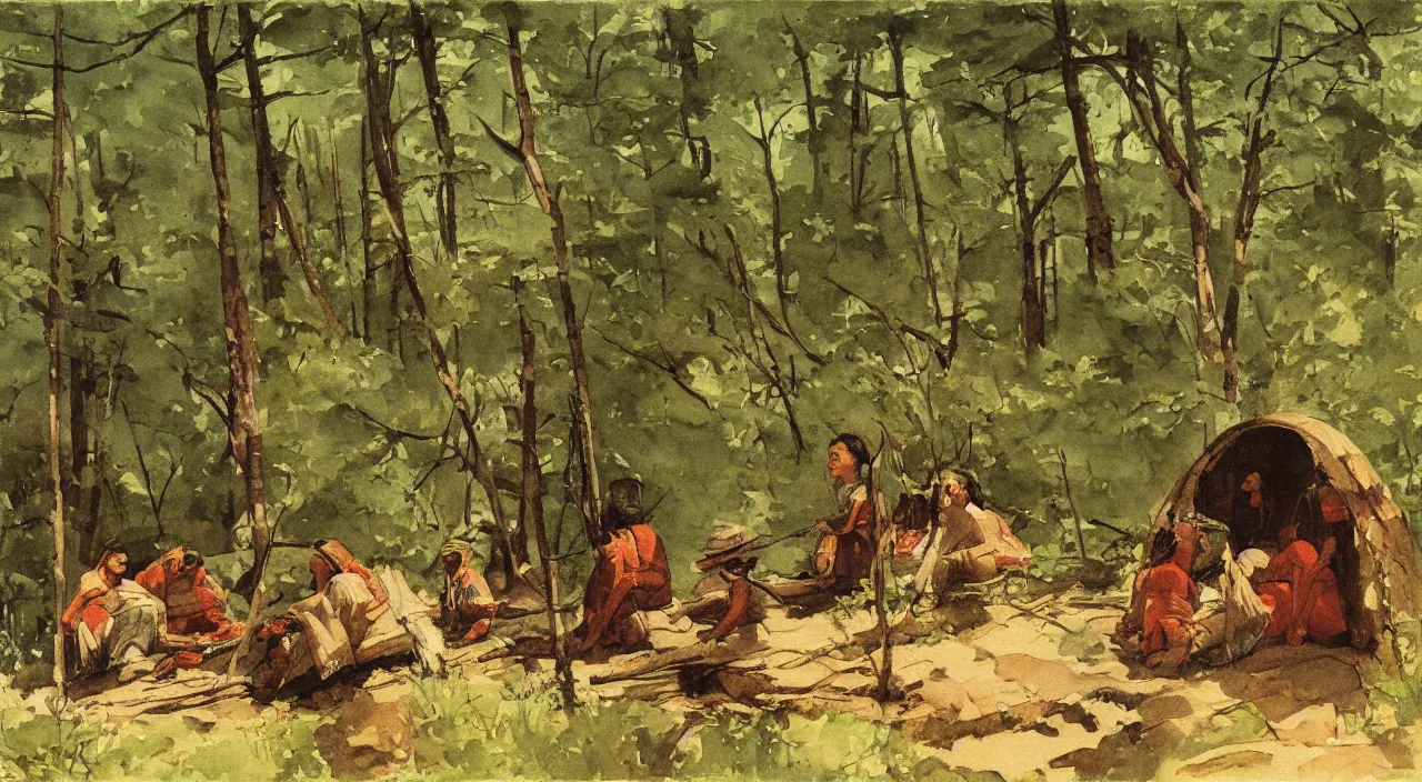Prompt: Indian natives are waiting, hidden in the woods, watercolour by Winslow Homer, oil on canvas