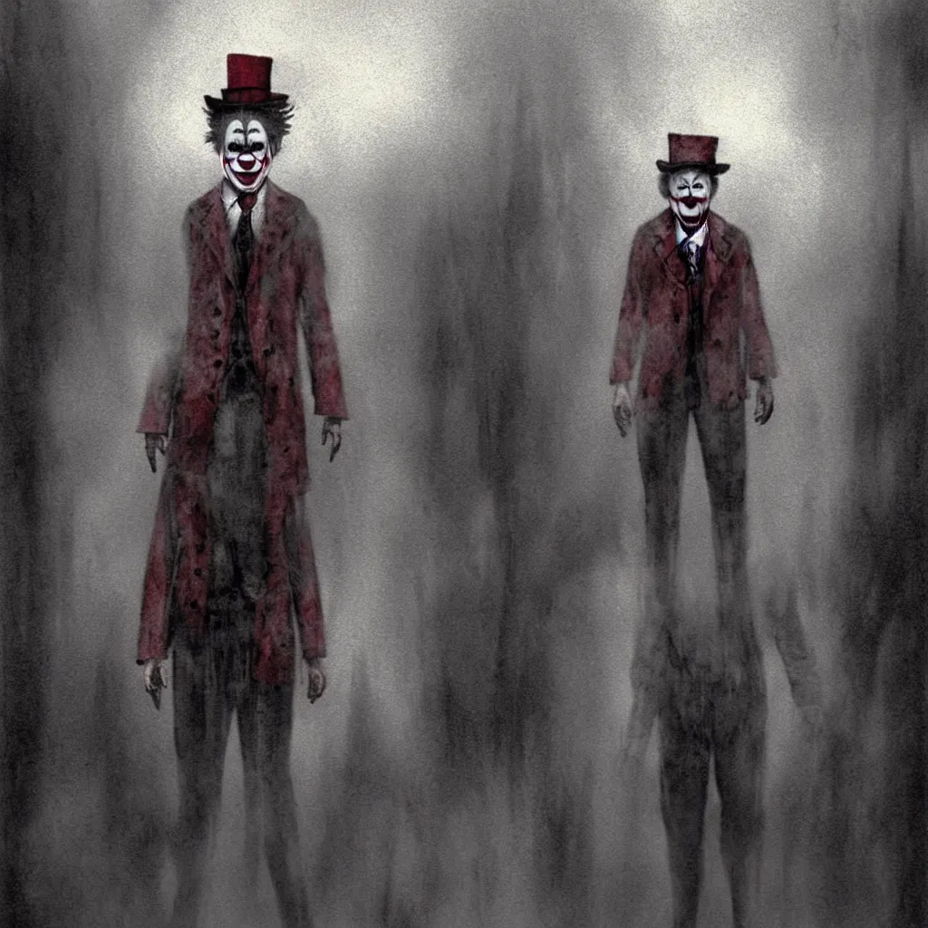 Image similar to A portrait of James Sunderland from Silent Hill 2 dressed as a clown standing in a foggy street, intricate, elegant, sharp focus, concept art, matte, art by Masahiro Ito