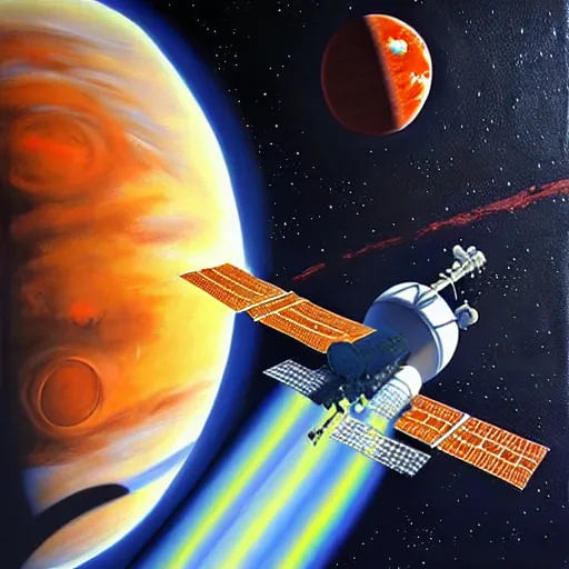 Image similar to a space station orbiting a red planet, acrylic painting by chris moore.