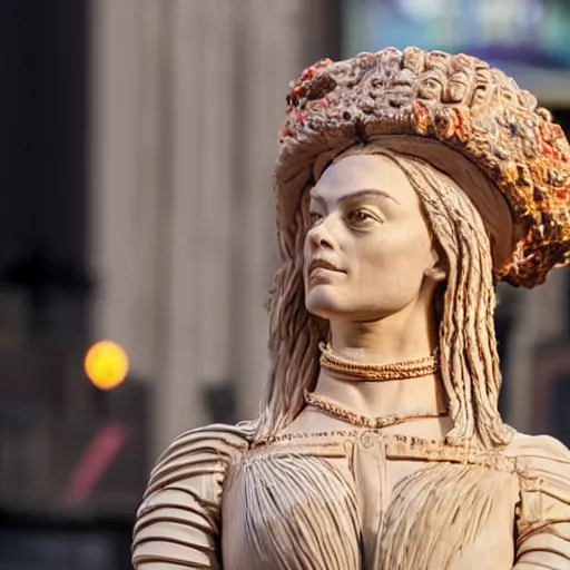 Prompt: extreme long - shot photograph of a renaissance clay sculpture of margot robbie wearing a phrygian cap in times square, made by michelangelo, very detailed, sharp focus, 8 k resolution, ray tracing