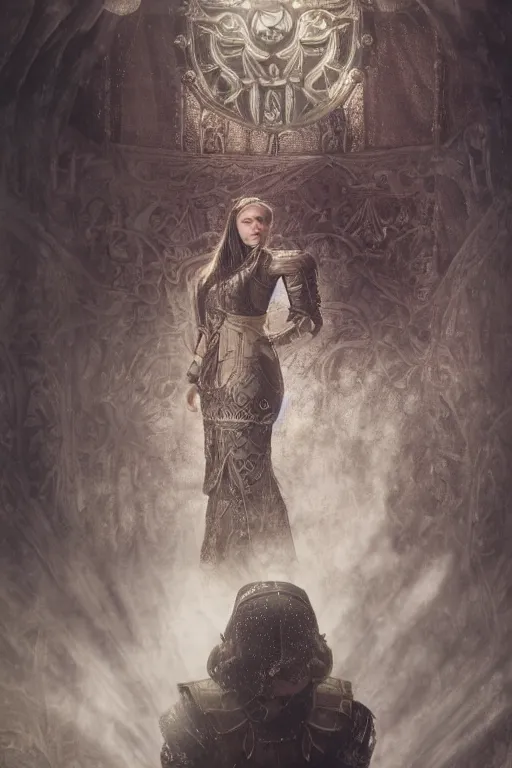 Image similar to the elder scrolls vi, charismatic regal brunette female jarl, portrait, rustic throne room, atmospheric lighting, painted, intricate, volumetric lighting, beautiful, daytime,, slight overcast weather, 4 0 0 0 k, sharp focus, deep colours, ultra detailed, by leesha hannigan, ross tran, thierry doizon, kai carpenter, ignacio fernandez rios