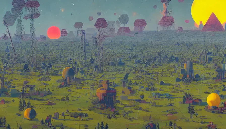 Image similar to many hexagons on the way to the sun, planet earth in foreground, simon stalenhag