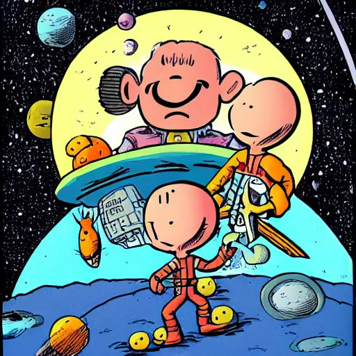 Image similar to artwork of bill watterson with space aliens.