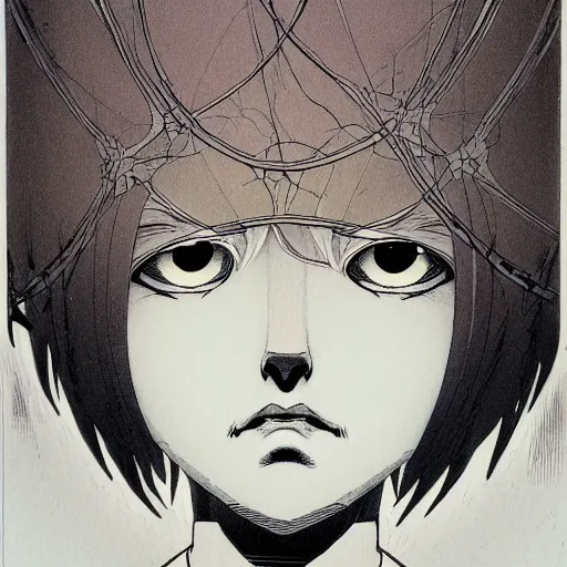 Prompt: prompt: Fragile looking vessel portrait face drawn by Katsuhiro Otomo, inspired by Logan Maxwell Hagege, magical and alchemical objects on the side, soft light, white background, intricate detail, intricate ink painting detail, sharp high detail, manga and anime 2000