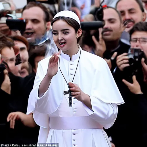 Image similar to A new pope is elected and it is Ana de Armas. She wears the Pope dress and greet the faithful in Piazza San Pietro from the Popemobile