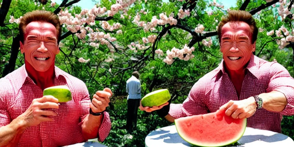 Image similar to photo, arnold schwarzenegger eats watermelon, japanese kimono, under sakura tree