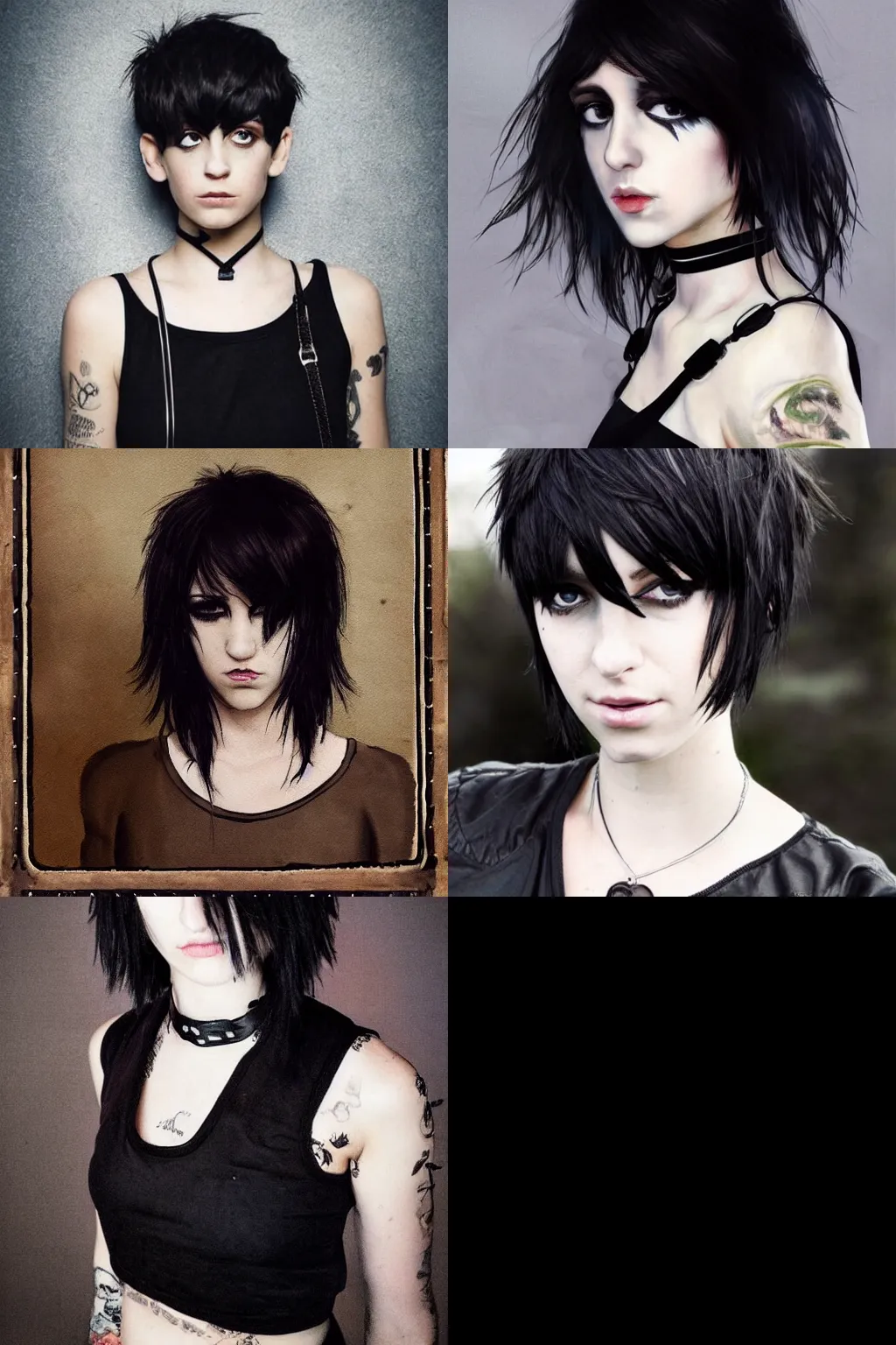 Prompt: an emo portrait by sophie anderson. her hair is dark brown and cut into a short, messy pixie cut. she has a slightly rounded face, with a pointed chin, large entirely - black eyes, and a small nose. she is wearing a black tank top, a black leather jacket, a black knee - length skirt, and a black choker..