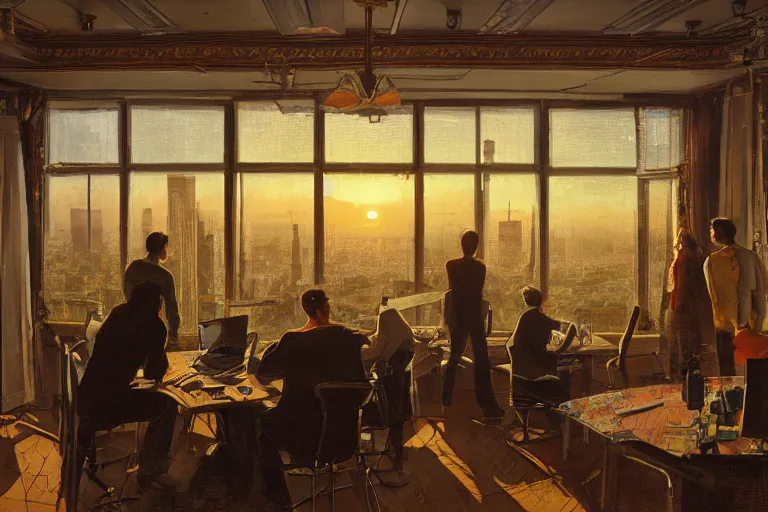 Image similar to employees as monkeys setting on glorious meeting room, papers scattered on the table, sunset, building and skyline showing from windows, fine art, artstation, matte painting, masterpiece by vasnetsov
