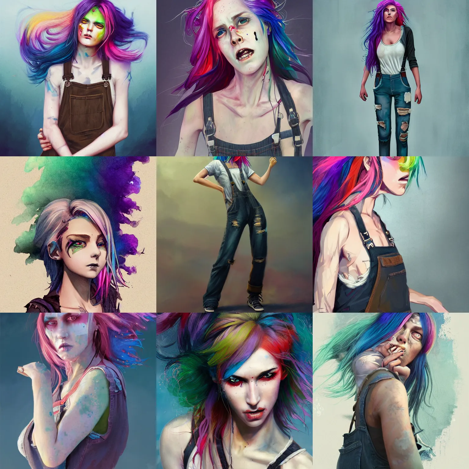 Prompt: a grungy woman with rainbow hair, drunk, angry, soft eyes and narrow chin, dainty figure, long hair straight down, torn overalls, basic white background, side boob, symmetrical, single person, style of by Jordan Grimmer and greg rutkowski, crisp lines and color, H 832