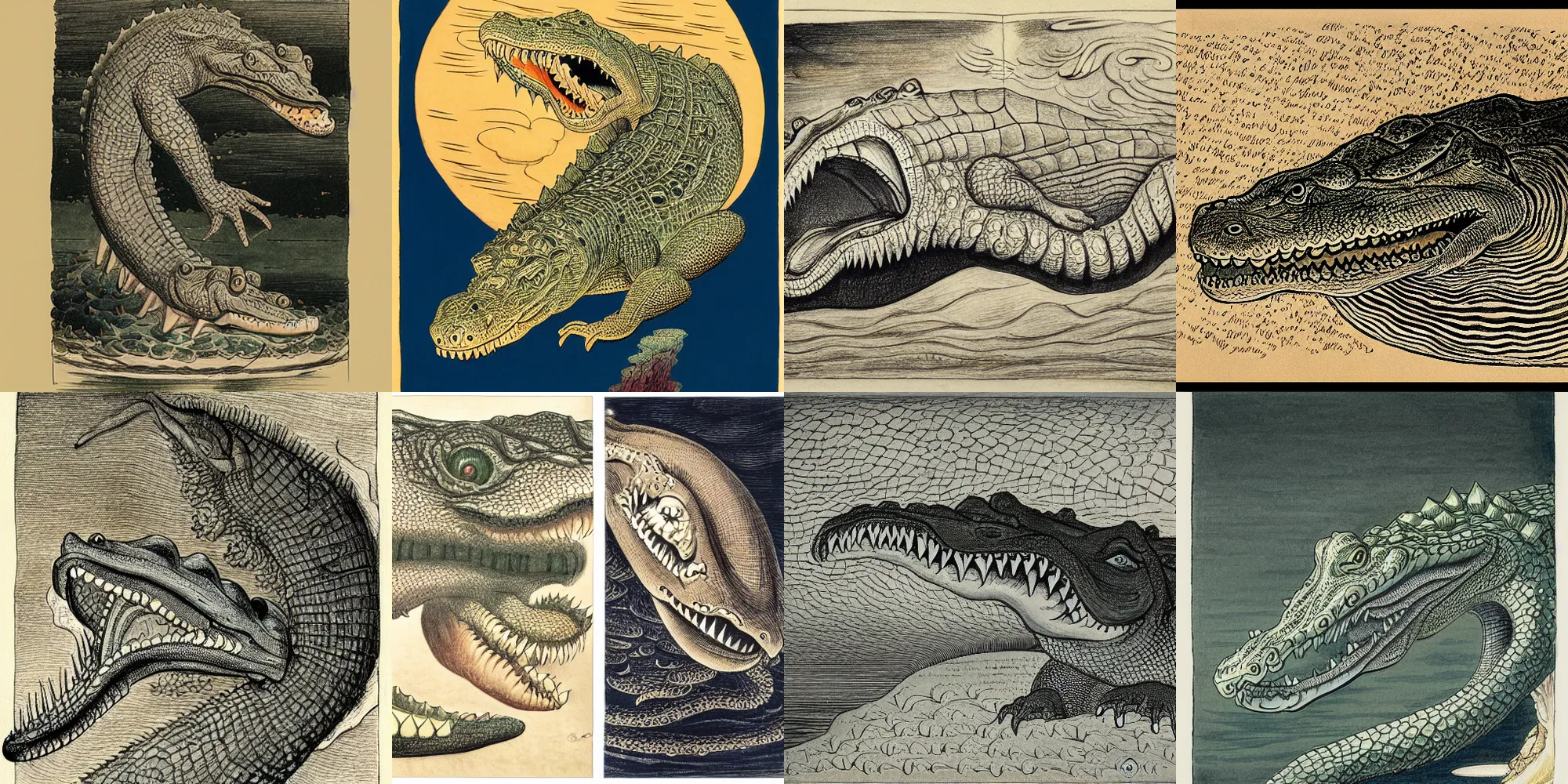 Prompt: drawing of a crocodile, by william blake, by hokusai, by todd schorr, by mark ryden, by john tenniel
