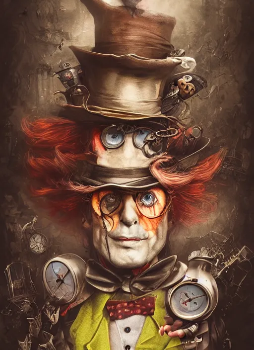 Prompt: mad hatter, angry, scary, cheeky, steampunk googles, highly detailed, cinematic, 8 k, by megan duncanson, benjamin lacombe, stanley artgermm, tom bagshaw, craig mullins, carne griffiths, ayami kojima, beksinski, giger, trending on deviantart, hyper detailed, horror, full of colour