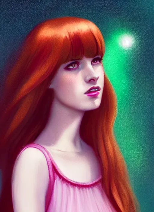 Image similar to full body portrait of teenage cheryl blossom, bangs, green eyes, sultry expression, red hair, sultry smirk, bangs and wavy hair, pink skirt, bangs, intricate, elegant, glowing lights, highly detailed, digital painting, artstation, concept art, smooth, sharp focus, illustration, art by wlop, mars ravelo and greg rutkowski