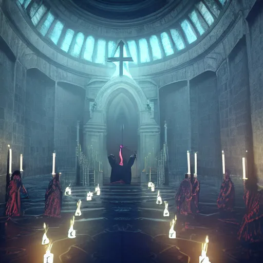 Image similar to center view photography of a group of priest in circle invoking an hyper realistic lovecraft creature portrait in a huge ritual portal in a church, 4 k, fantasy art, glamorous composition, wide - angle shot, cinematography lighting, volumetric fog, vivid colors, realistic, octane render, unreal engine