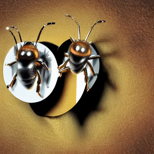 Prompt: portrait of two 3d bees made of metal, shiny, singing onstage into one microphone like Paul McCartney and George Harrison