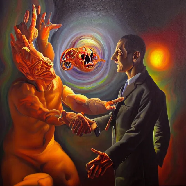 Prompt: an oil on canvas portrait painting of a man meeting a demon, polycount, surrealism, surrealist, cosmic horror, high detail