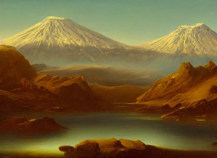 Image similar to mt. ruapehu, new zealand in the style of hudson river school of art, oil on canvas