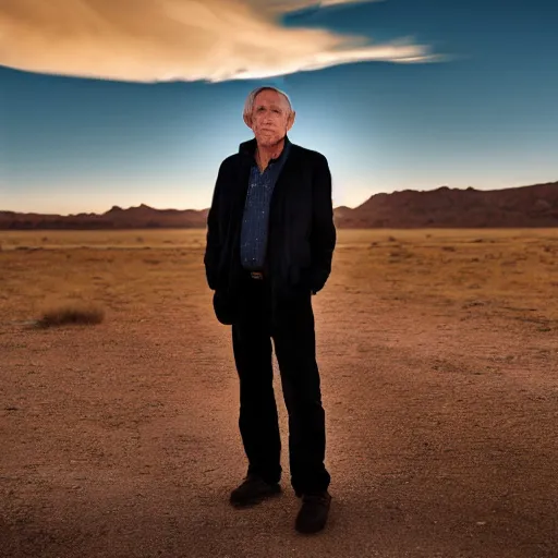 Image similar to portrait of cormac mccarthy standing in the texas desert at night. realistic zeiss lens 3 5 mm golden hour
