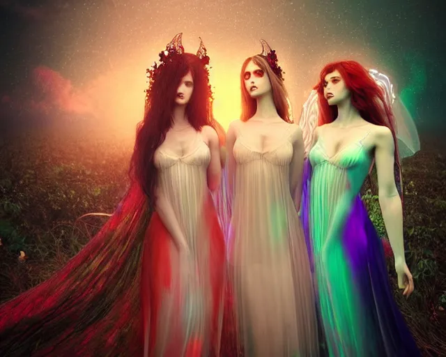 Image similar to three stunning gothic goddesses with beautiful angelic faces, wearing psychedelic wicca, in wedding dresses, red neon roses, full body, long flowy hair, dark and mysterious, atmospheric, ominous, eerie, volumetric cinematic light, epic, 8 k 3 d, ultra detail, ultra realistic, by wlop, by mucha