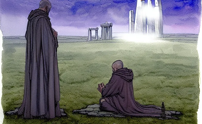 Image similar to a hyperrealist watercolour character concept art portrait of a grey medieval monk kneeling down in prayer in front of a tall alien structure built on top of stonehenge on a misty night. by rebecca guay, michael kaluta, charles vess and jean moebius giraud