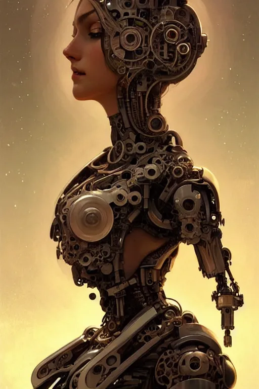 Image similar to beautiful female mechanical android!, half portrait, 3 / 4 pose, intricate detailed environment, photorealistic!, floro details, intricate, elegant, highly detailed, digital painting, artstation, concept art, smooth, sharp focus, illustration, art by artgerm and greg rutkowski and alphonse mucha