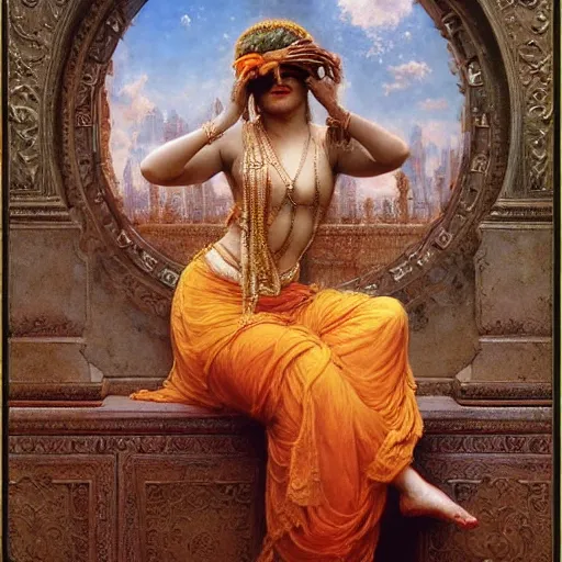 Prompt: detailed full body of hindu traditional woman blindfolded high - tech vr headset in baroque style, girl graceful,, painting by gaston bussiere, craig mullins, j. c. leyendecker, lights, art by ernst haeckel, john william godward, hammershøi,,