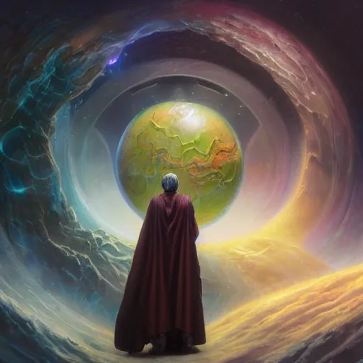 Image similar to the creator of worlds wearing a cloak and holding a holographic planet projection in his hand, detailed, sci - fi, digital painting, artstation, sharp focus, illustration, ominous, artgerm, tomasz alen kopera, peter mohrbacher, donato giancola, joseph christian leyendecker, wlop, frank frazetta