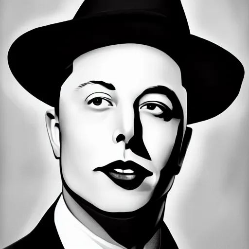 Image similar to a glamorous black and white portrait of elon musk with a hat, in the style of george hurrell