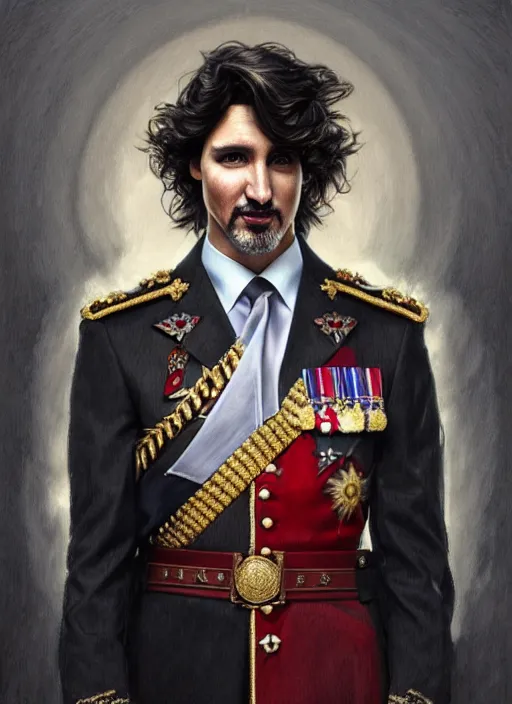 Prompt: portrait of supreme leader justin trudeau, royalty, extravagant, lord, full body, military uniform, fantasy, intricate, elegant, beautiful, highly detailed, charcoal, centered, dark, smokey, digital painting, artstation, concept art, art by artgerm and greg rutkowski and alphonse mucha