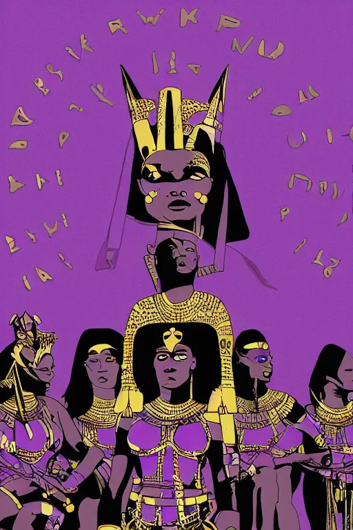 Prompt: A black Warrior Queen in purple surrounded by black panthers with Egyptian pyramids in the background