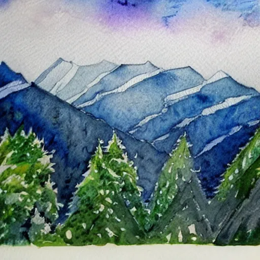 Prompt: https : / / s. mj. run / ykodba 4 hx 8 w, watercolor mountains painting, white swirls, forest