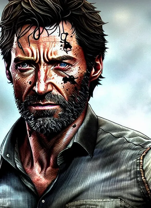 Image similar to hugh jackman as joel from the last of us, character concept art, hyperrealistic, detailed, accurate illustration, dramatic lighting