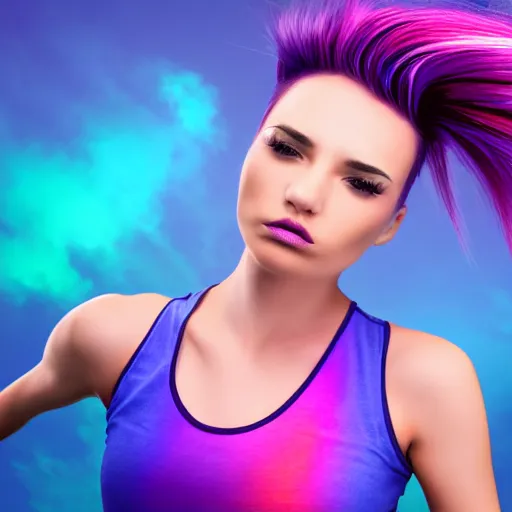 Image similar to a award winning upper body portrait of a beautiful woman in a tanktop with a ombre purple pink hairstyle with head in motion and hair flying, outrun, vaporware, vivid colors, highly detailed, fine detail, intricate