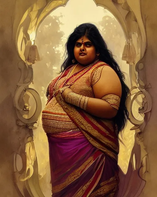 Prompt: Portrait of very very very very obese indian woman, real life skin, intricate, elegant, highly detailed, artstation, concept art, smooth, sharp focus, art by artgerm and greg rutkowski and alphonse mucha