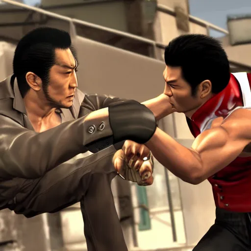 Image similar to Kazuma Kiryu from Yakuza and Senator Armstrong from Metal Gear Rising fights each other with their fists, highly detailed, photorealistic, cinematic lighting,