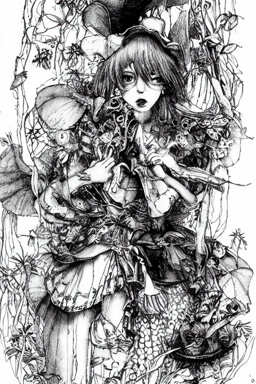 Image similar to Crying Alice in wonderland tarot card , pen and ink, intricate line drawings, by Yoshitaka Amano, Ruan Jia, Kentaro Miura, Artgerm, watercolor