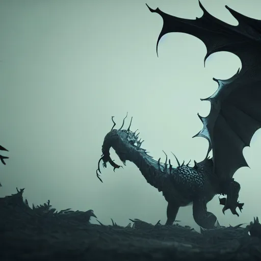 Image similar to a highly detailed ghastly shot of a (dragon) made of black fog and obscure shadow, creating an ominous presence, artstation, deviantart, unreal engine 5 render