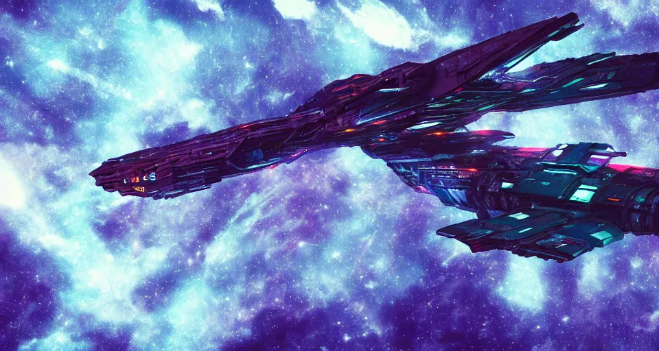 Prompt: a 35mm photo of a fast futuristic! space ship!! flying through a nebulae filled with cyberpunk space stations!, concept art, matte painting, contrasting color scheme,