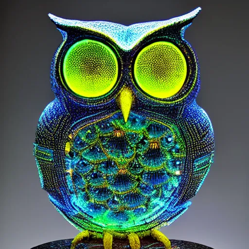 Prompt: symmetrical detailed sculpture of an owl, made of Fluorescent Rock