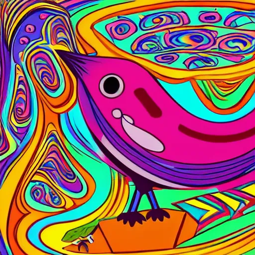 Prompt: A beautiful computer art of a large, colorful bird with a long, sweeping tail. The bird is surrounded by swirling lines and geometric shapes in a variety of colors Pizza Hut, cubic zirconia by William Gropper romantic