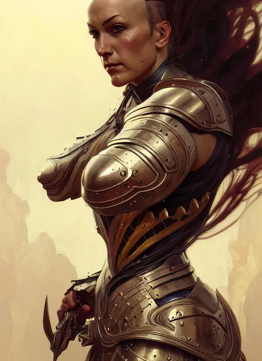 Image similar to Symmetry!! portrait of a bald woman, warrior in armour, muscular, fantasy, intricate, elegant, highly detailed, digital painting, artstation, concept art, smooth, sharp focus, illustration, art by artgerm and greg rutkowski and alphonse mucha