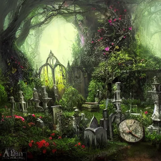 Prompt: the aurreal fairytale garden with a fantasy grave, concept art, mystic garden, ultrarealistic, adrian ghenie style