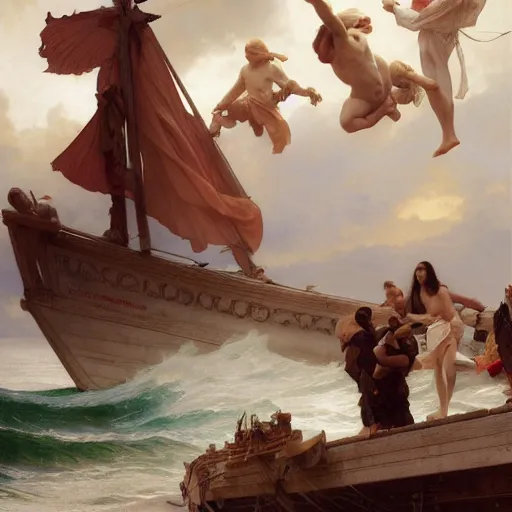 Image similar to Pilgrims crossing the Atlantic to the new world masterpiece 4k digital illustration by Ruan Jia and Mandy Jurgens and Artgerm and william-adolphe bouguereau, award winning, Artstation, art nouveau aesthetic, Alphonse Mucha background, intricate details, realistic, panoramic view, Hyperdetailed, 8k resolution, intricate art nouveau