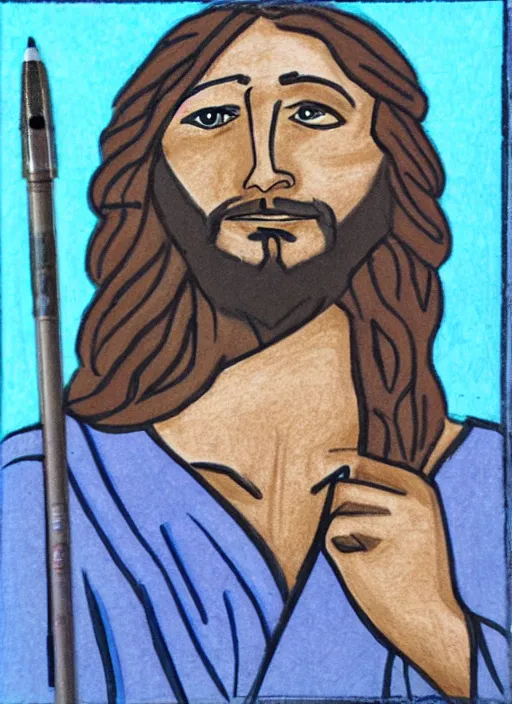 Image similar to painting of jesus drawn with blue pen on checkered notebook sheets,