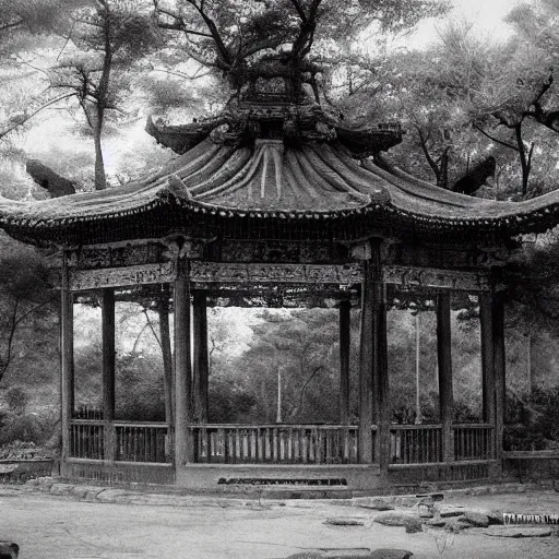 Prompt: old pavilion in the forest, by lang jingshan,