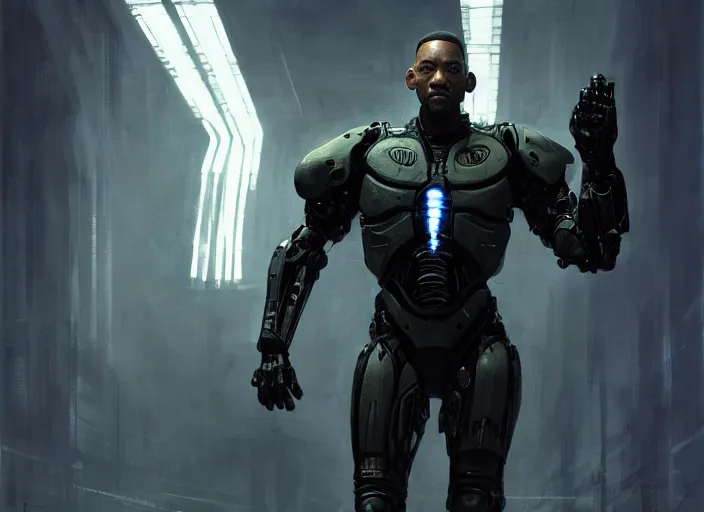 Image similar to will smith as victor stone, full body concept, cyborg, borg, strogg, face of a man, terminator, flesh, quake strogg, doom demon, wolfenstein, monstrous, powerful, symmetry, symmetrical, concept art by ruan jia and greg rutkowski