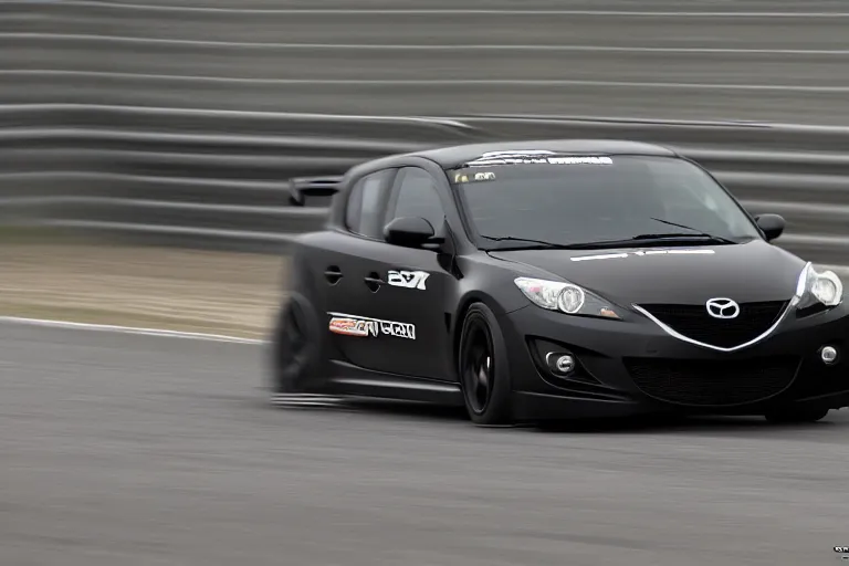 Image similar to black GT4 Mazdaspeed3 Gen 1 hatchback black plain livery simple, racing on highway photo 2008 cinematic motion blur dof