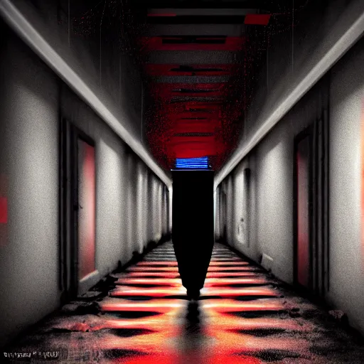 Image similar to photograph of an extremely dark narrow hallway with glowing humanoid cryptid with television static, dark deep black shadows, red and black color contrast in the style of trevor henderson, liminal space, 3 d octane render, glitch effect