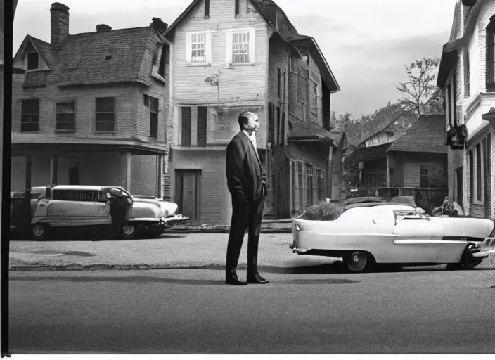 Image similar to a man standing next to a car on a city street, an album cover by Gregory Crewdson, featured on cg society, american realism, movie still, movie poster, criterion collection