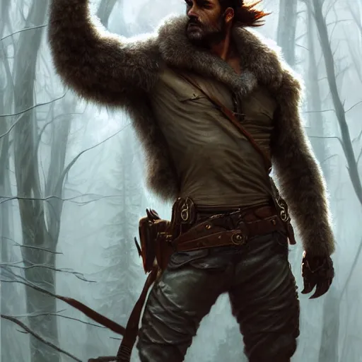 Prompt: Rugged ranger, bleeding, masculine, furs, tanned leather, forest, man, D&D, muscular thighs, fantasy, intricate, elegant, highly detailed, digital painting, artstation, concept art, smooth, sharp focus, illustration, art by artgerm and greg rutkowski and alphonse mucha